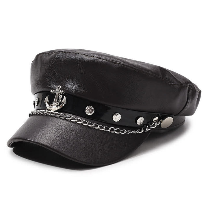 Cappello basco in pelle con borchie di ancora in stile militare e catena - Caffè scuro - M (22"-22 7/8") - image 9