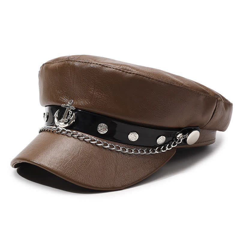 Cappello basco in pelle con borchie di ancora in stile militare e catena - Marrone - M (22"-22 7/8") - image 0
