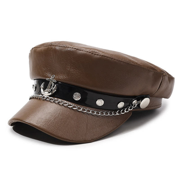 Cappello basco in pelle con borchie di ancora in stile militare e catena - Marrone - M (22"-22 7/8") - image 0
