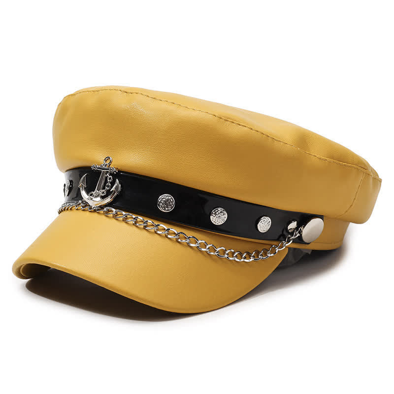 Cappello basco in pelle con borchie di ancora in stile militare e catena - Giallo - M (22"-22 7/8") - image 2