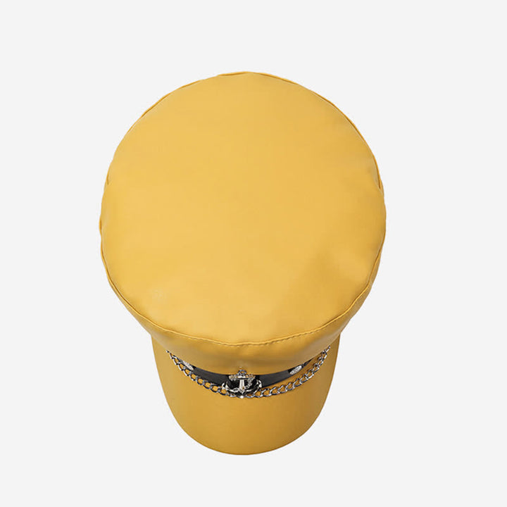 Cappello basco in pelle con borchie di ancora in stile militare e catena - image 5