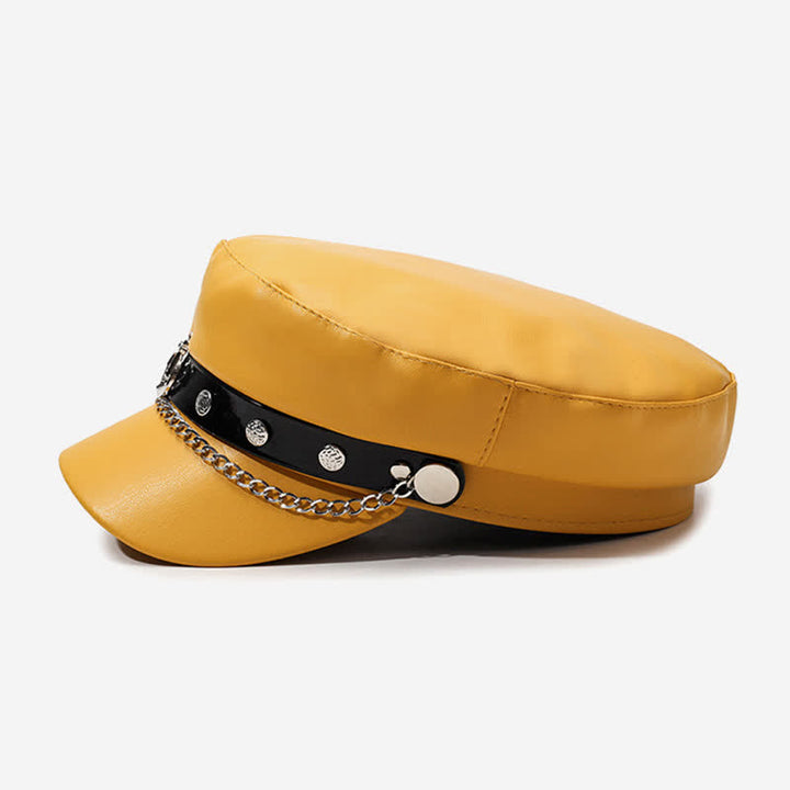 Cappello basco in pelle con borchie di ancora in stile militare e catena - image 3