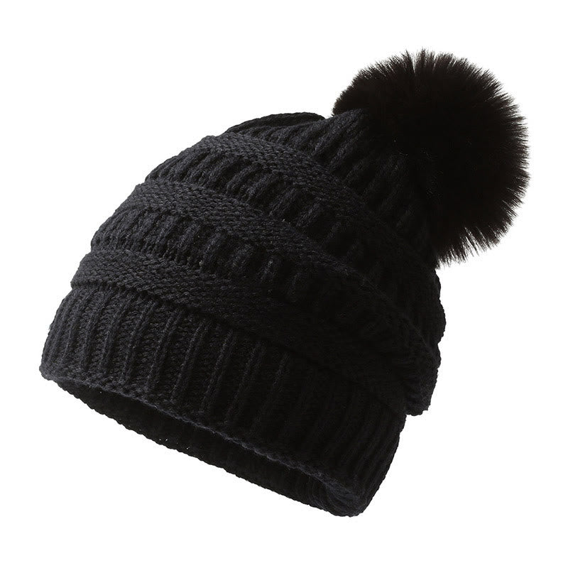 Berretto invernale da donna in maglia con palla di pelo per tenerlo al caldo - Nero - M (22"-22 7/8") - image 6
