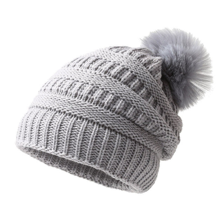 Berretto invernale da donna in maglia con palla di pelo per tenerlo al caldo - Grigio - M (22"-22 7/8") - image 4