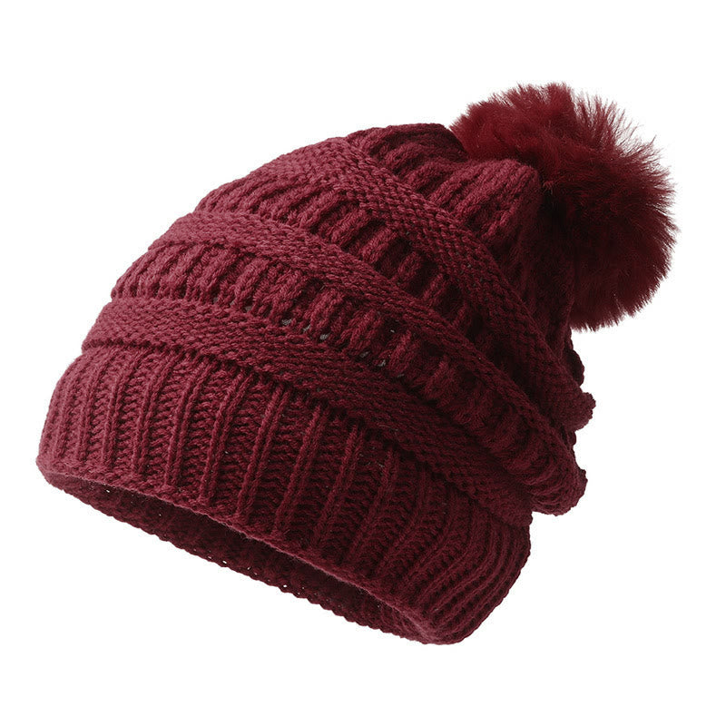 Berretto invernale da donna in maglia con palla di pelo per tenerlo al caldo - Vino - M (22"-22 7/8") - image 5