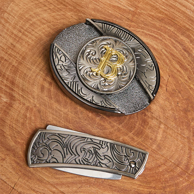 Cintura in pelle con fibbia a coltello nascosta fai da te con lettera iniziale bicolore - image 2