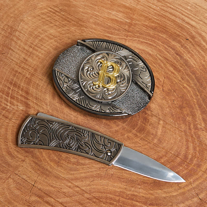 Cintura in pelle con fibbia a coltello nascosta fai da te con lettera iniziale bicolore - image 1