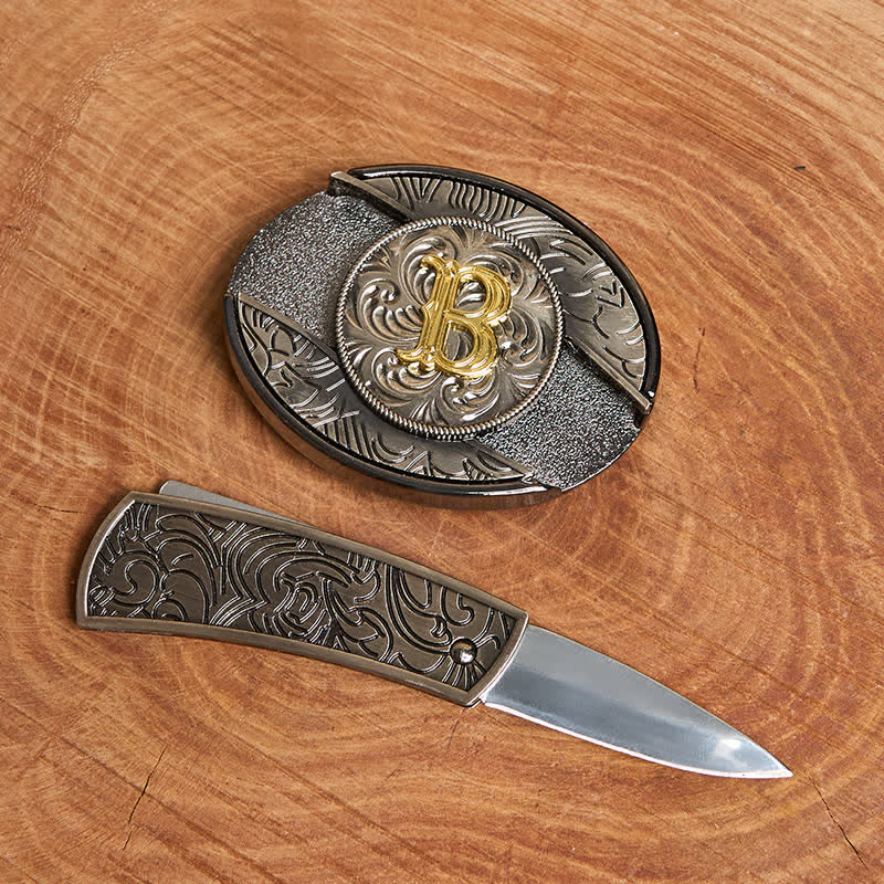 Cintura in pelle con fibbia a coltello nascosta fai da te con lettera iniziale bicolore - image 1