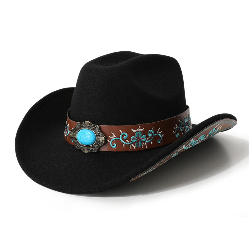 Cappello da cowboy turchese con toppa ricamata da uomo e cintura a tesa - Nero - M (22"-22 7/8") - image 0