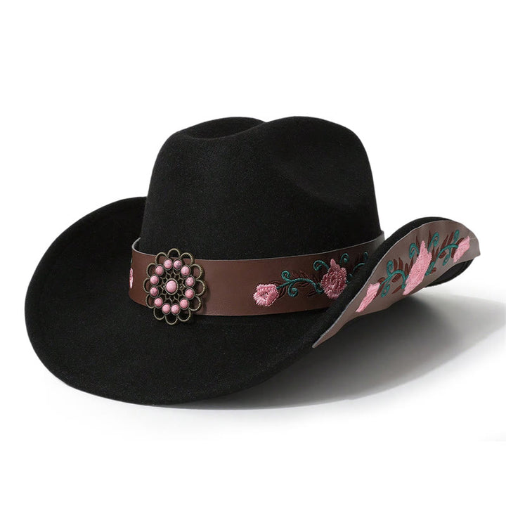 Cappello da cowboy da uomo con rosa ricamata e cintura a tesa - Nero - M (22"-22 7/8") - image 1