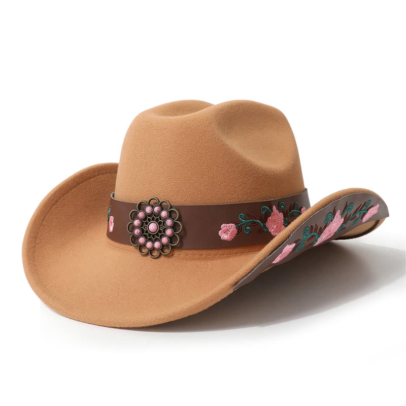 Cappello da cowboy da uomo con rosa ricamata e cintura a tesa - Cachi - M (22"-22 7/8") - image 3