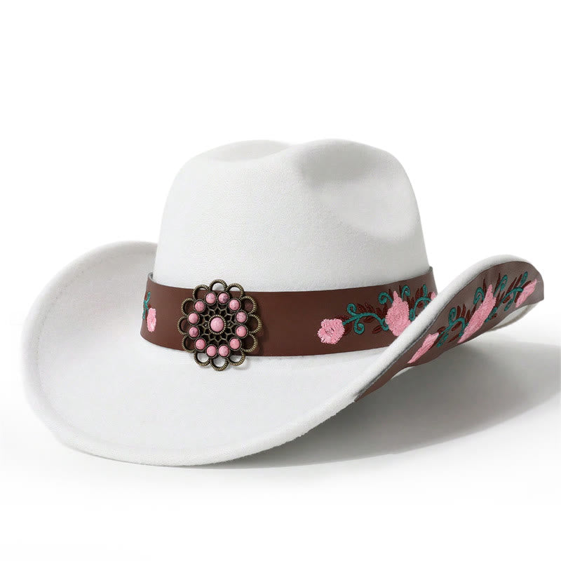 Cappello da cowboy da uomo con rosa ricamata e cintura a tesa - Bianco - M (22"-22 7/8") - image 0