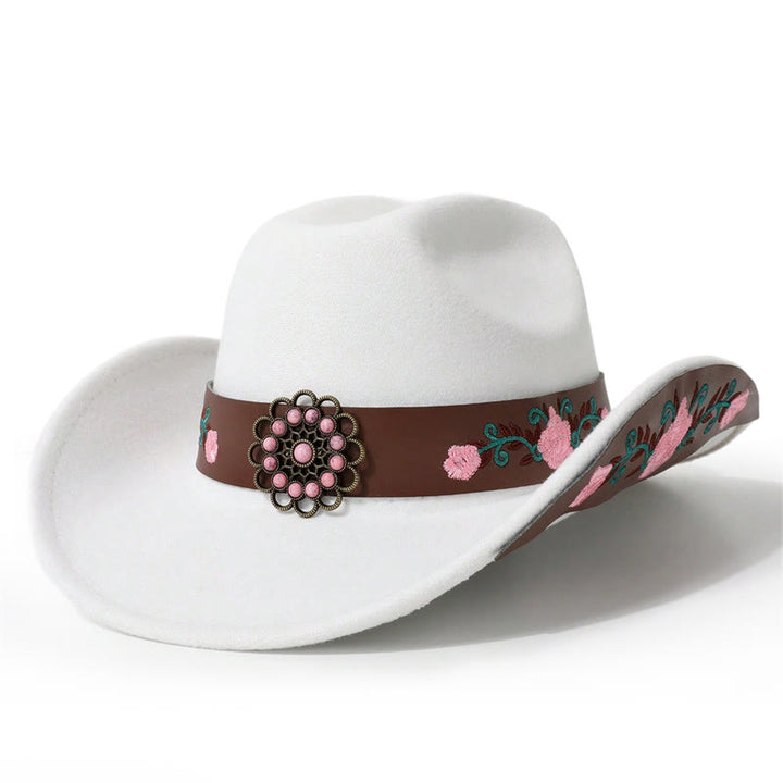 Cappello da cowboy da uomo con rosa ricamata e cintura a tesa - Bianco - M (22"-22 7/8") - image 0