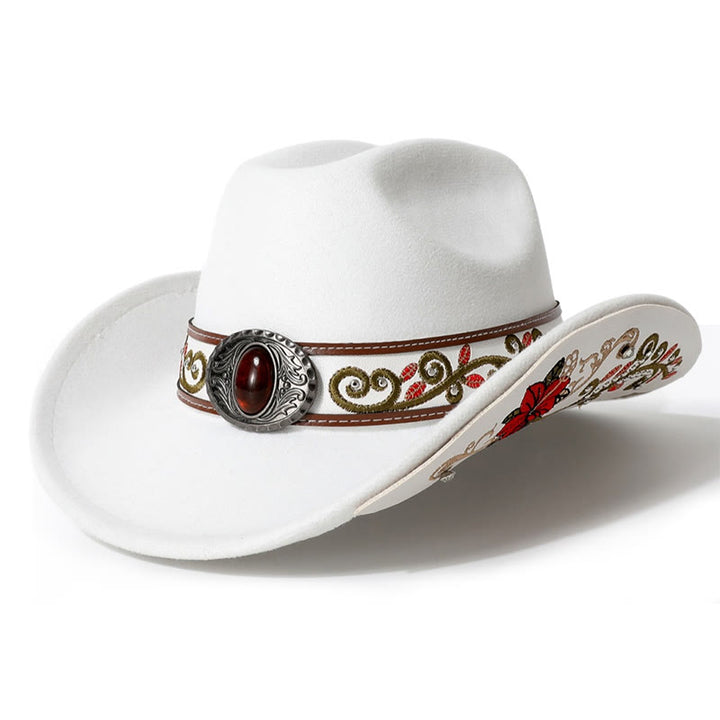 Cappello da cowboy da uomo con cintura e visiera color rubino ricamata a fiori - Bianco - M (22"-22 7/8") - image 7