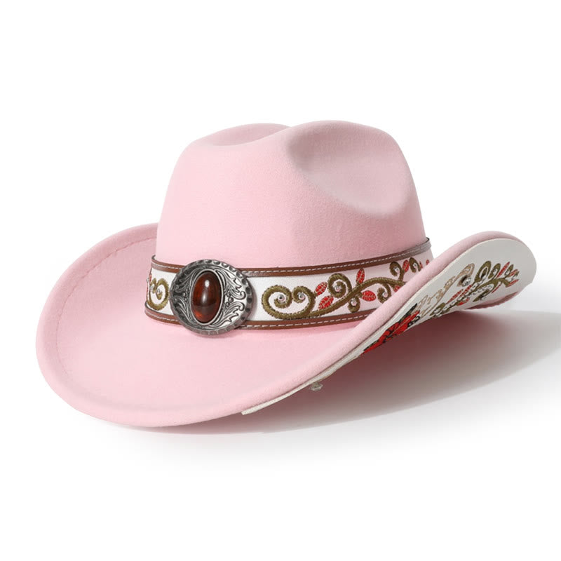 Cappello da cowboy da uomo con cintura e visiera color rubino ricamata a fiori - Pink - M (22"-22 7/8") - image 8