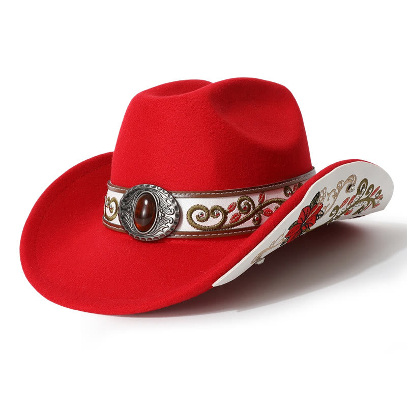 Cappello da cowboy da uomo con cintura e visiera color rubino ricamata a fiori - Rosso - M (22"-22 7/8") - image 0