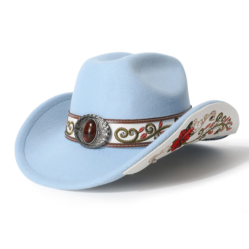 Cappello da cowboy da uomo con cintura e visiera color rubino ricamata a fiori - Azzurro cielo - M (22"-22 7/8") - image 2