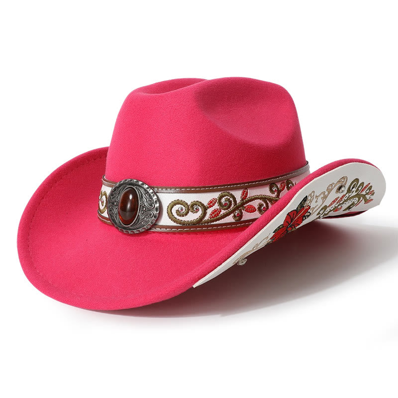 Cappello da cowboy da uomo con cintura e visiera color rubino ricamata a fiori - Rosa - M (22"-22 7/8") - image 1