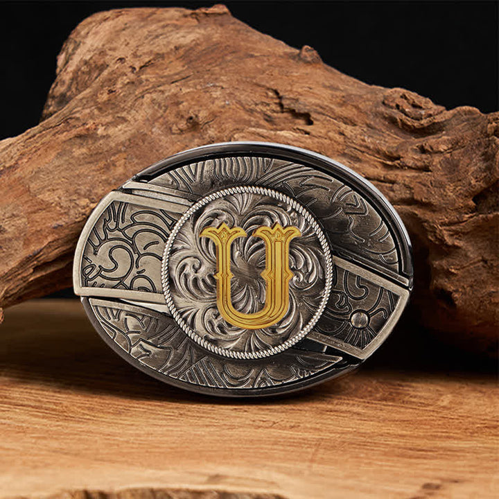 Cintura in pelle con fibbia a coltello nascosta fai da te con lettera iniziale bicolore - U - Senza cintura - image 27