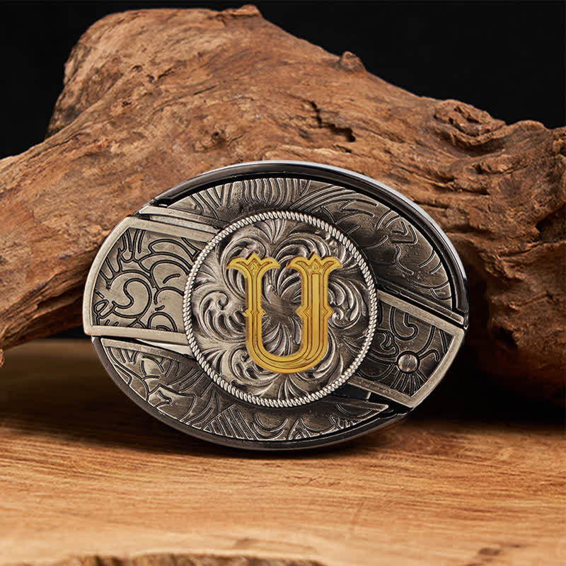 Cintura in pelle con fibbia a coltello nascosta fai da te con lettera iniziale bicolore - U - Senza cintura - image 27