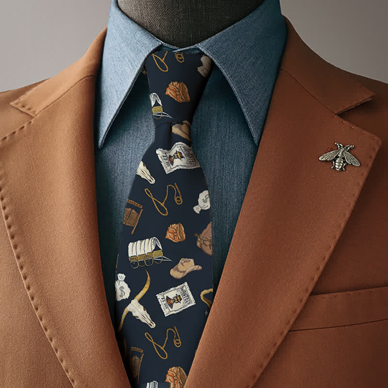 Cravatta da uomo con stampa di elementi western e cappello da cowboy Longhorn Bull - Cravatta - image 0