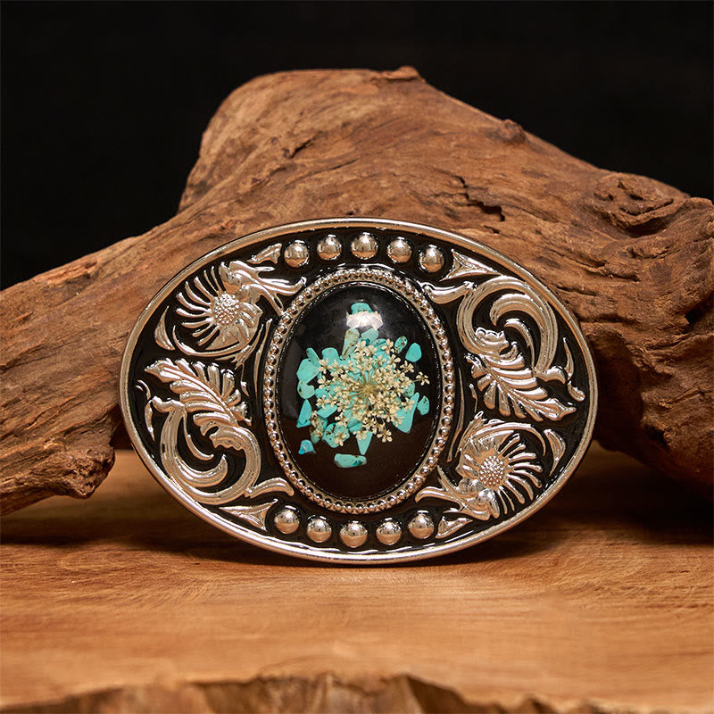 Cintura in pelle con fibbia fai da te in argento nero, turchese e fiori intagliati - Senza cintura - Cintura non inclusa - image 0