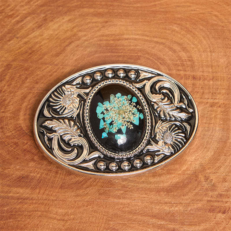 Cintura in pelle con fibbia fai da te in argento nero, turchese e fiori intagliati - image 1