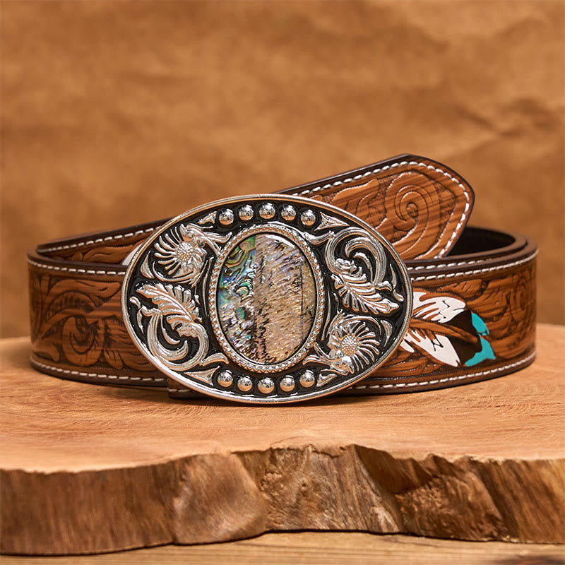 Cintura in pelle con fibbia fai da te in conchiglia intagliata nera argento - Cintura di piume marroni - 40 - image 8