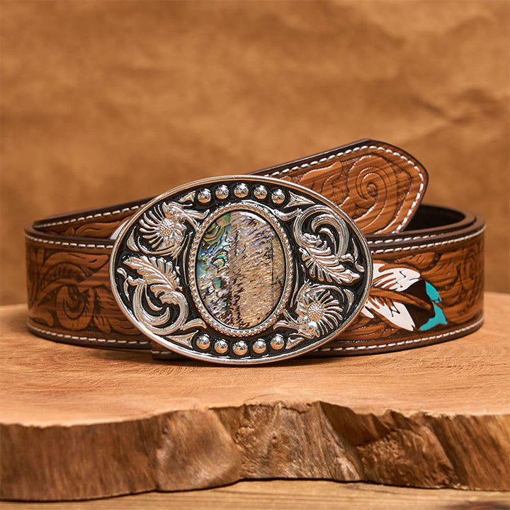 Cintura in pelle con fibbia fai da te in conchiglia intagliata nera argento - Cintura di piume marroni - 40 - image 8