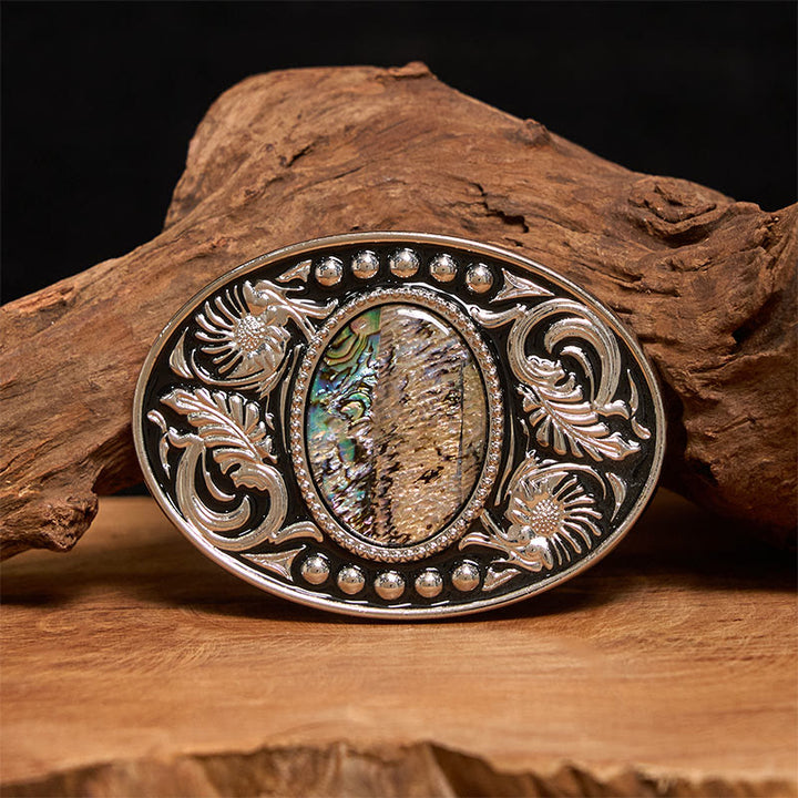 Cintura in pelle con fibbia fai da te in conchiglia intagliata nera argento - Senza cintura - Cintura non inclusa - image 0