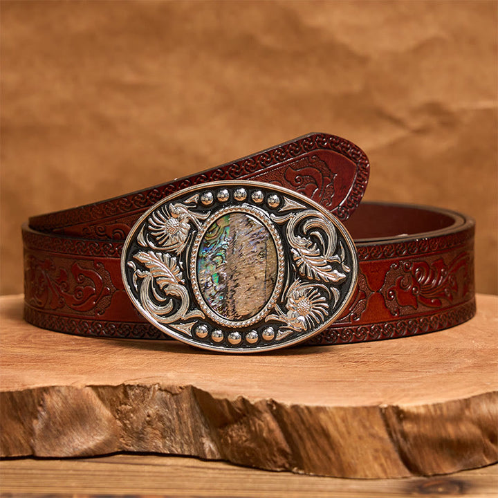 Cintura in pelle con fibbia fai da te in conchiglia intagliata nera argento - Cintura marrone intagliata - 42 - image 7