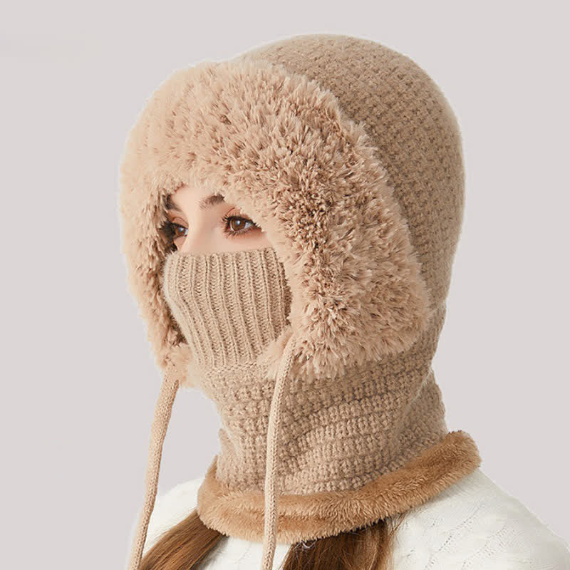 Berretto in maglia di peluche 3 in 1 con sciarpa e maschera - Cachi - M (22"-22 7/8") - image 3