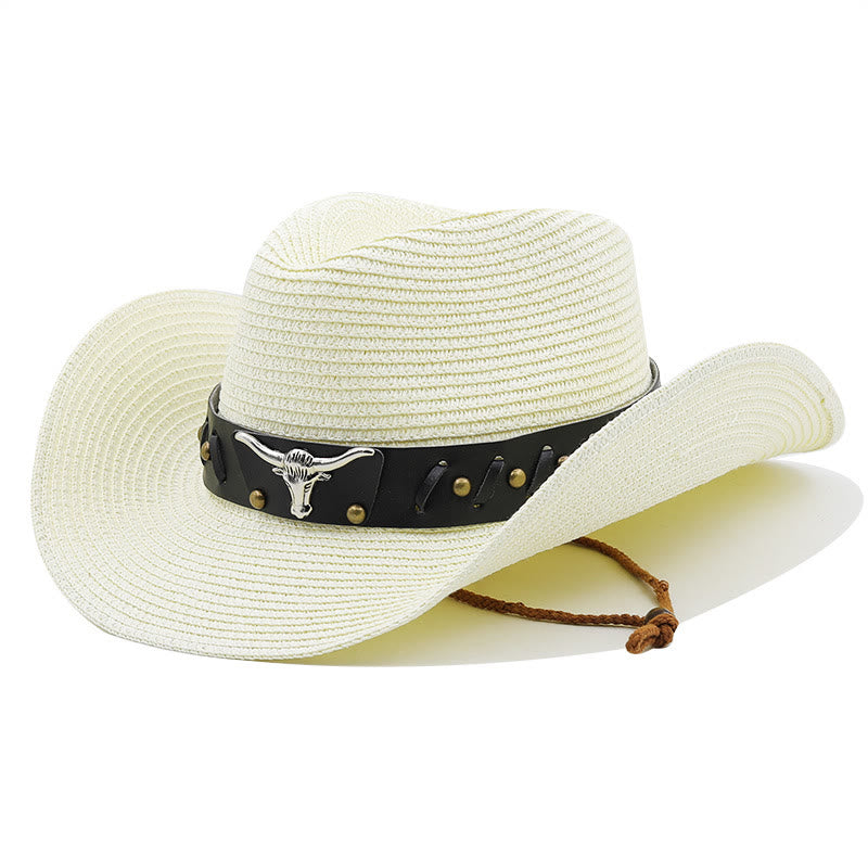 Cappello di paglia da uomo con testa di toro in argento occidentale e cintura nera - Bianco latte - M (22"-22 7/8") - image 7