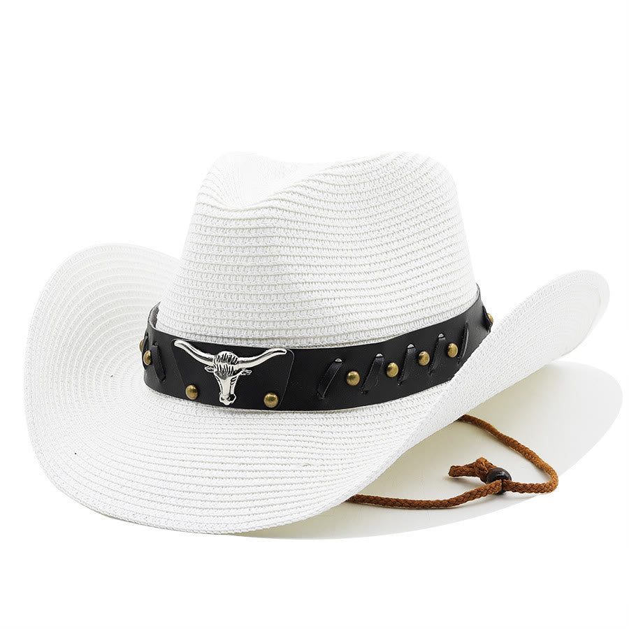Cappello di paglia da uomo con testa di toro in argento occidentale e cintura nera - Bianco - M (22"-22 7/8") - image 8