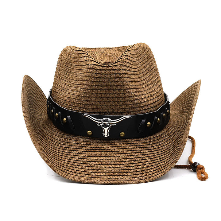 Cappello di paglia da uomo con testa di toro in argento occidentale e cintura nera - image 1