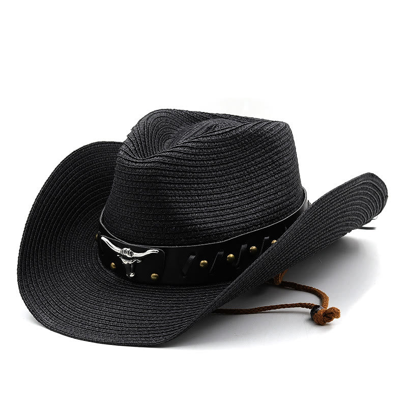 Cappello di paglia da uomo con testa di toro in argento occidentale e cintura nera - Nero - M (22"-22 7/8") - image 9