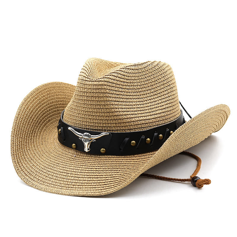 Cappello di paglia da uomo con testa di toro in argento occidentale e cintura nera - Cachi - M (22"-22 7/8") - image 10