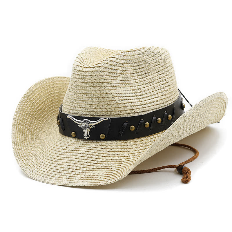 Cappello di paglia da uomo con testa di toro in argento occidentale e cintura nera - Beige - M (22"-22 7/8") - image 6