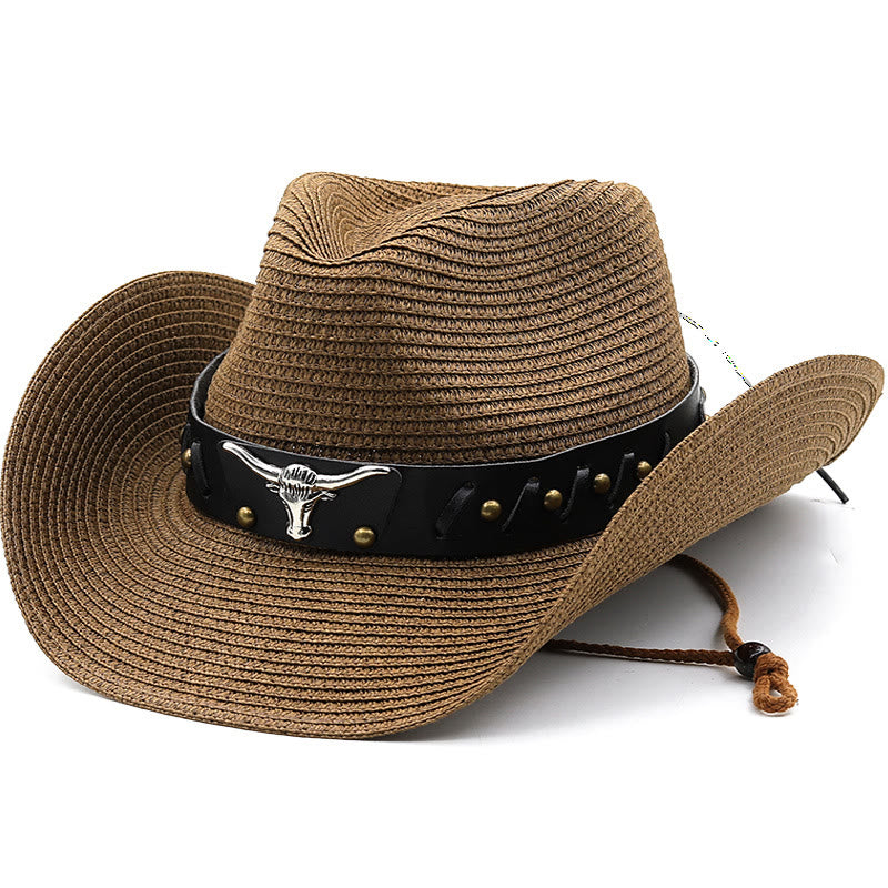 Cappello di paglia da uomo con testa di toro in argento occidentale e cintura nera - Caffè - M (22"-22 7/8") - image 0