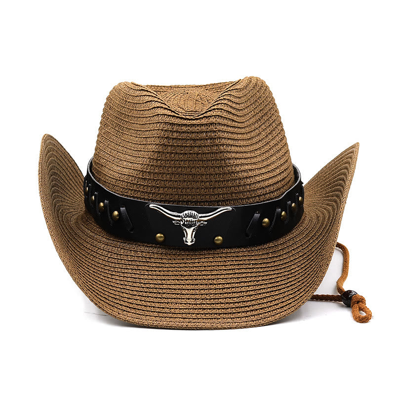 Cappello di paglia da uomo con testa di toro in argento occidentale e cintura nera - image 1