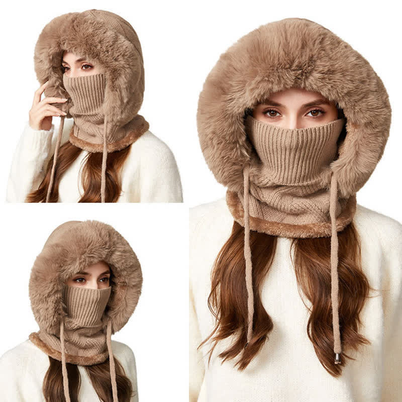 Berretto lavorato a maglia 3 in 1 con sciarpa e mascherina in twill di peluche - image 3