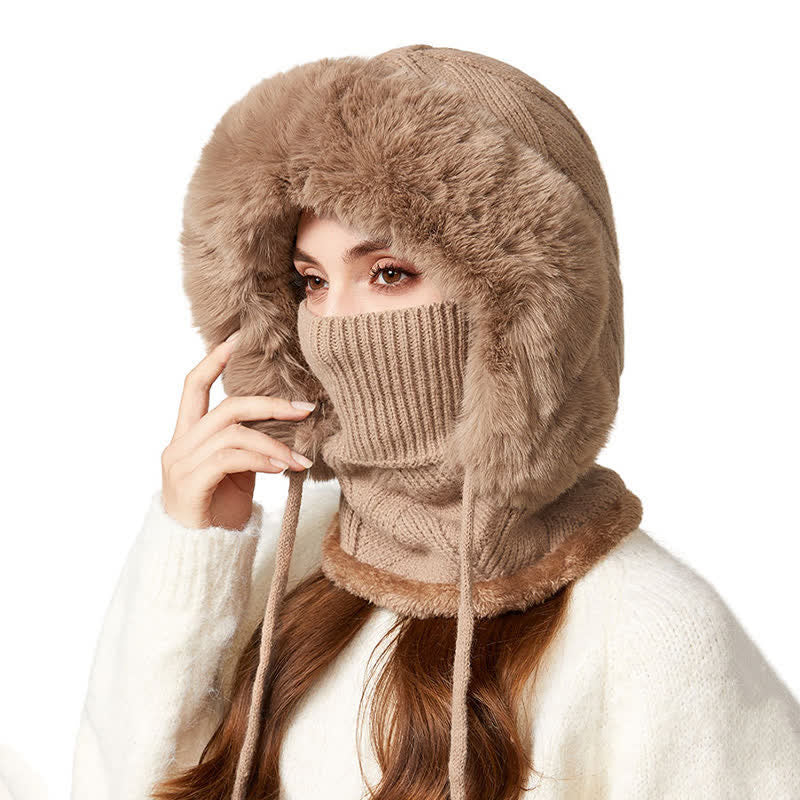 Berretto lavorato a maglia 3 in 1 con sciarpa e mascherina in twill di peluche - Cachi - M (22"-22 7/8") - image 0