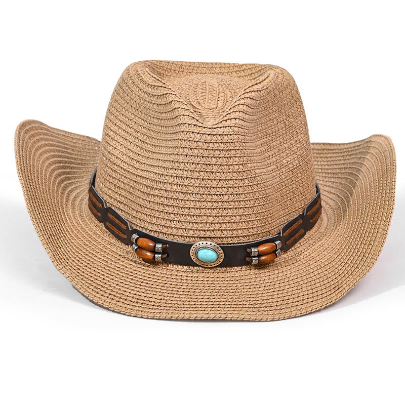 Cappello da cowboy in paglia da uomo con cintura turchese bohémien - image 1