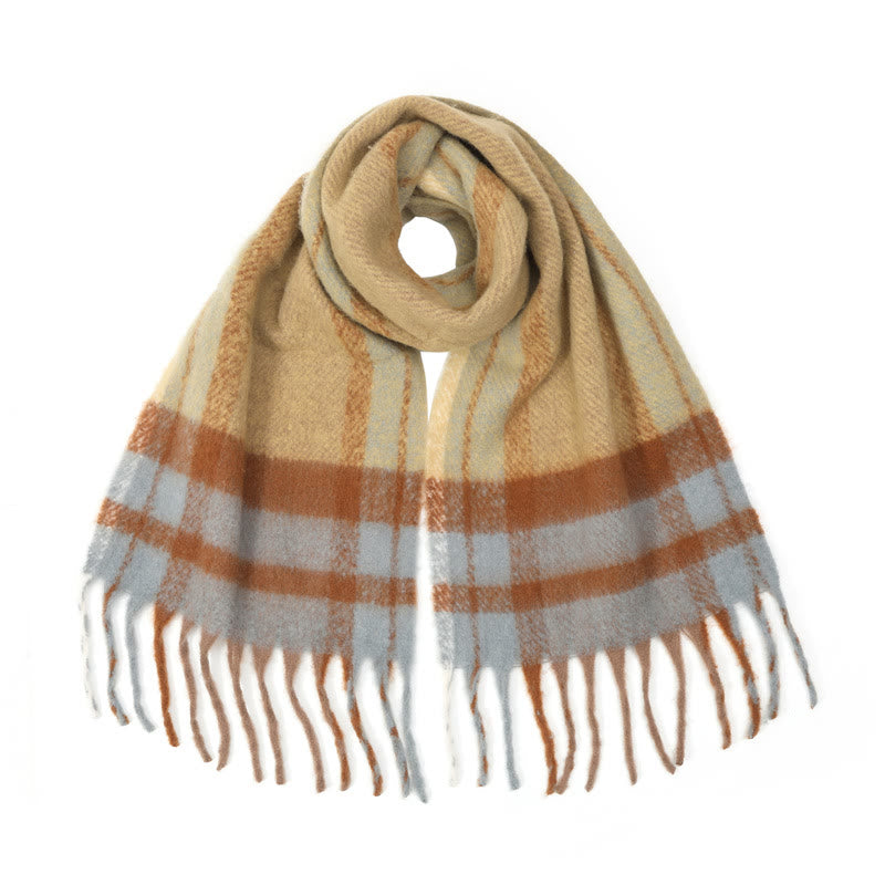 Sciarpa scialle con nappe a quadri spesse e calde, da donna, invernale - Cachi - image 4