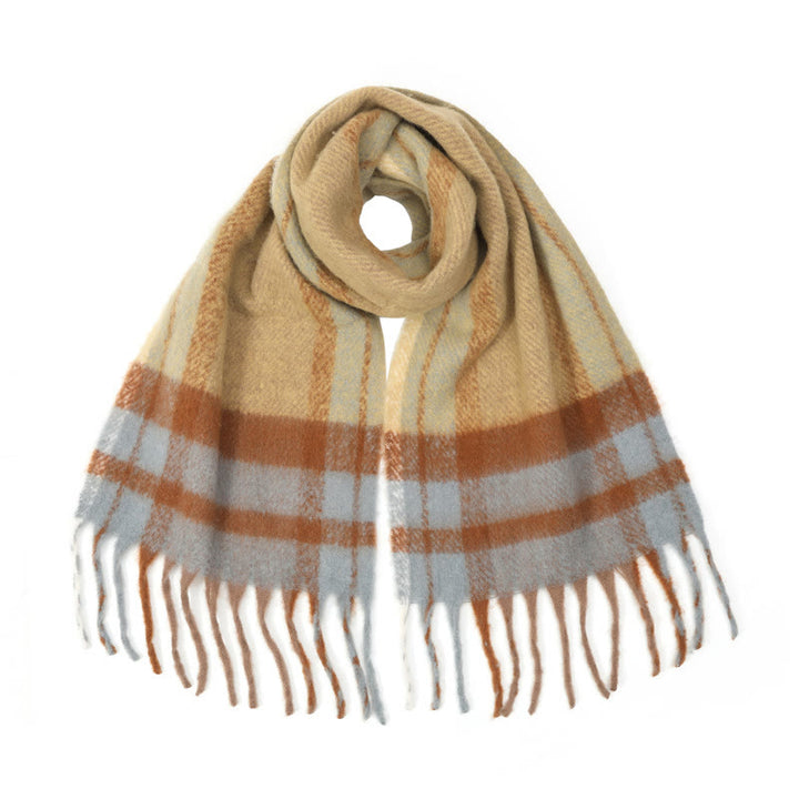 Sciarpa scialle con nappe a quadri spesse e calde, da donna, invernale - Cachi - image 4