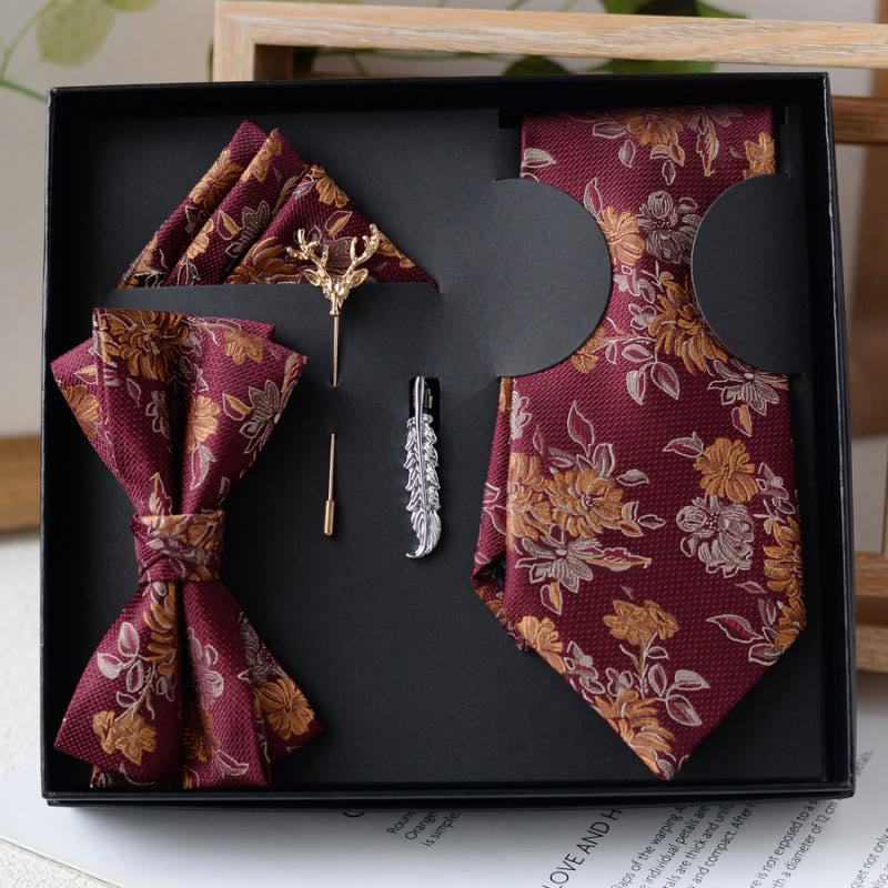 Confezione regalo da 5 papillon da uomo con motivo floreale bordeaux - Borgogna - image 0