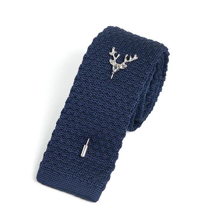 Cravatta da uomo in maglia con spilla a forma di cervo - Blu navy e argento - image 11
