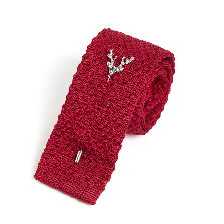 Cravatta da uomo in maglia con spilla a forma di cervo - Borgogna e argento - image 18