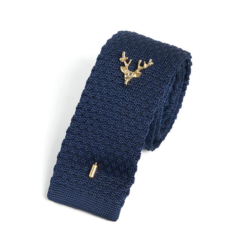 Cravatta da uomo in maglia con spilla a forma di cervo - Blu marino e oro - image 8