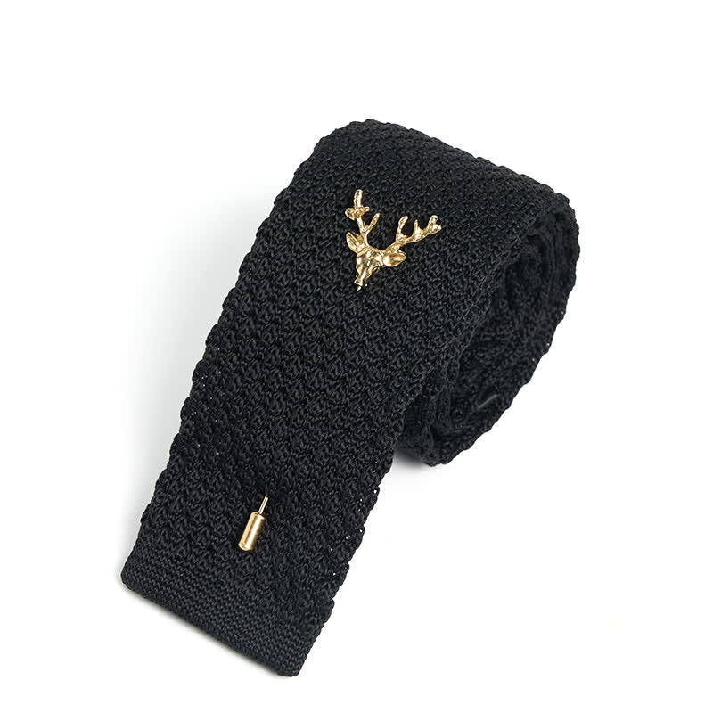 Cravatta da uomo in maglia con spilla a forma di cervo - Nero e oro - image 1